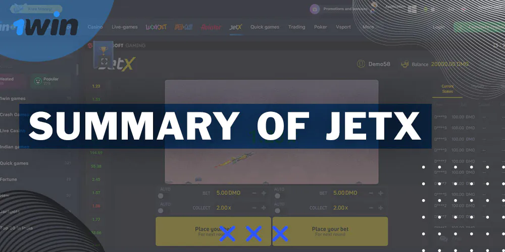 Description of the JetX game, accessible on the 1Win platform.